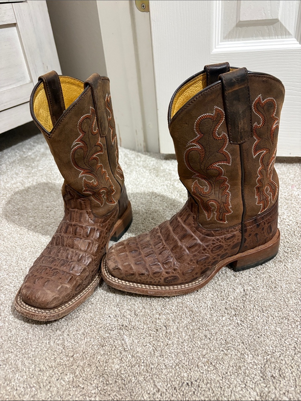 HP Kids Brown Croc-Texture Cowboy Boots with Embroidered Shaft
